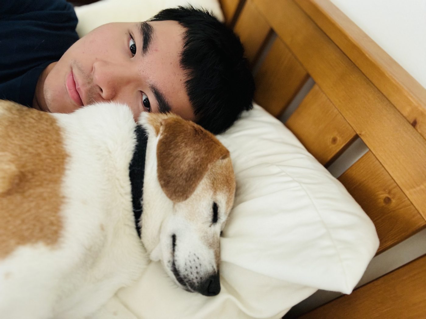 Liheng Yuan lying next to a sleeping dog